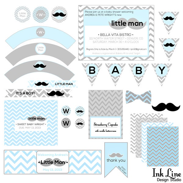 PRINTABLE PARTY - Chevron Mustache Baby Bash - DIY, Baby shower, invitation, boy, blue, cupcake toppers, bottle label, straw flag, pennant