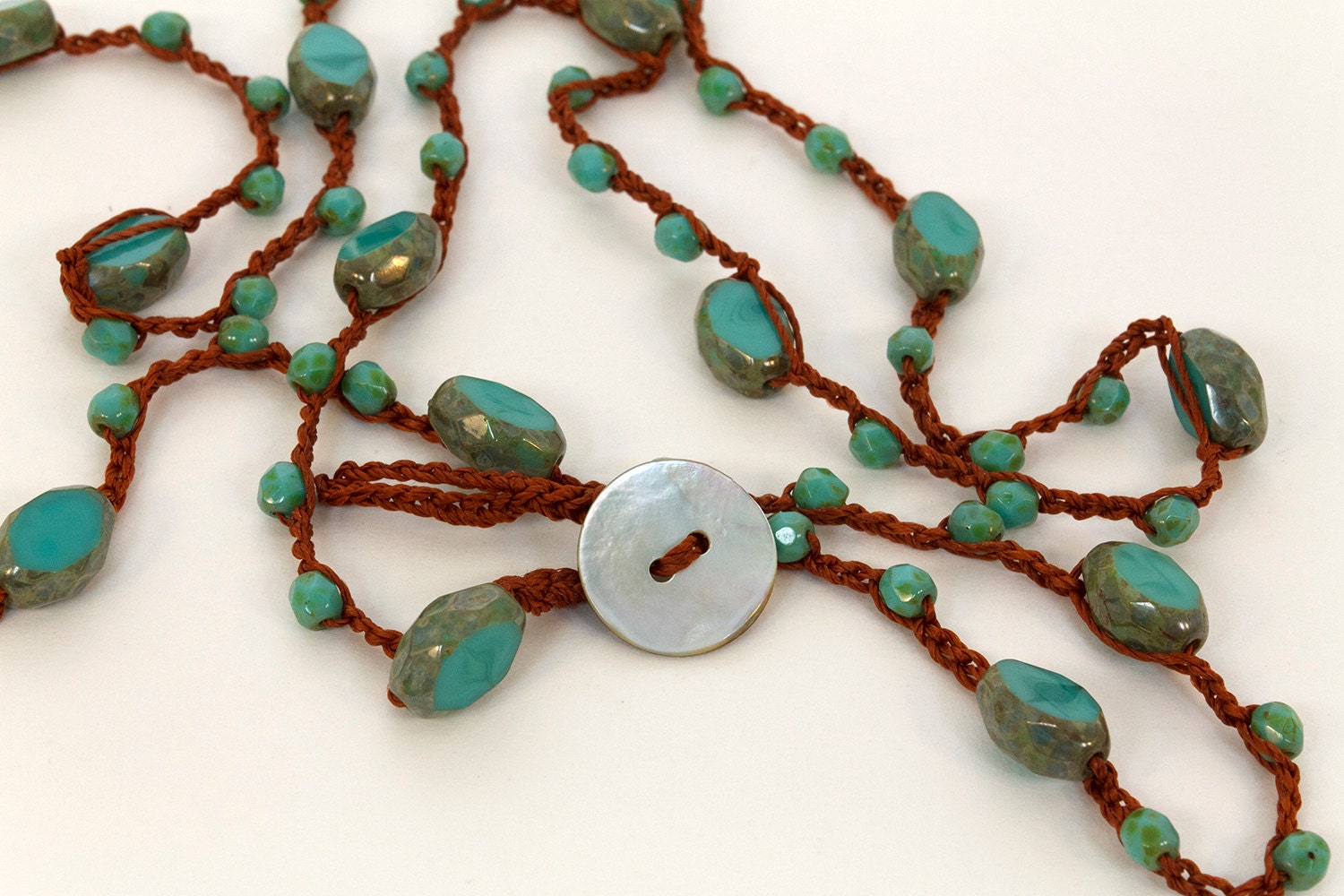 Crochet Wrap Bracelet or Necklace, Turquoise Beads, Brown Cotton Thread, 5x Wrap Bracelet, Boho Chic Beaded Crochet Bracelet, Thread Crochet