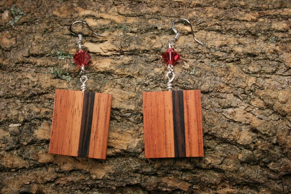 Contemporary Earrings featuring Tulipwood, Macassar Ebony and an 8 mm Swarovski Crystal