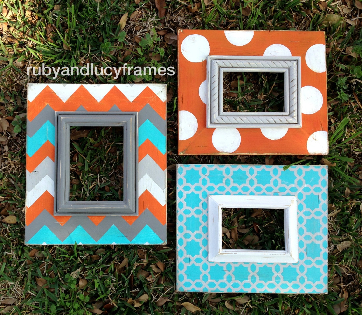 set of three distressed frames orange, turquoise, gray and white --chevron, polka dot & star chain