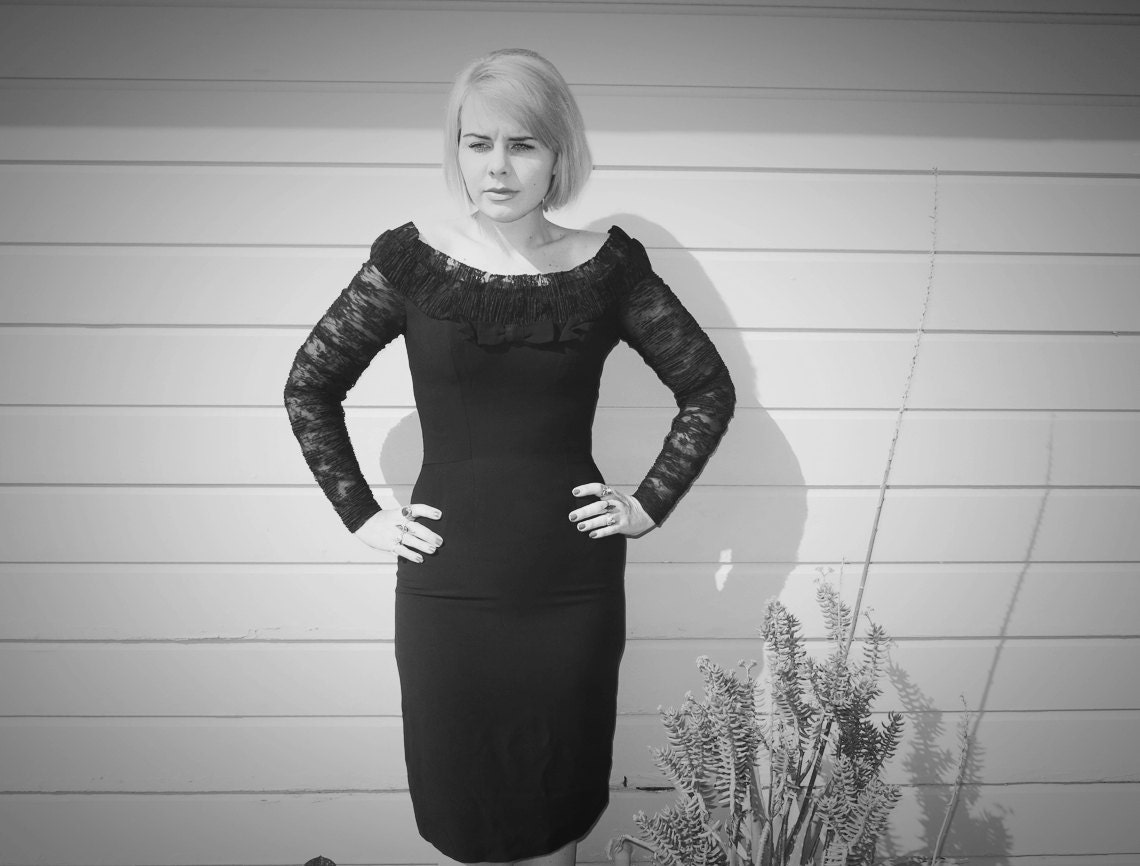 Vintage 1960's Dress/ Inky Black/ LBD/ Wiggle Dress/ Sheer Lace Sleeves/ Mod/ New Look/ Bow/ Cocktail Evening Dress/ Medium