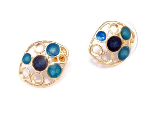 stud earrings round blue teal hand painted earrings