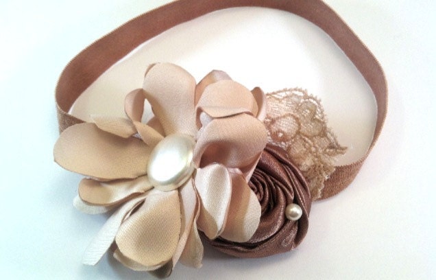 Brown, Chocolate, Cocoa, Mocha, Coffee, Tan, Fabric Flower Headband, Satin Flower, Rolled Rosette, Girls Headband, Shabby Chic