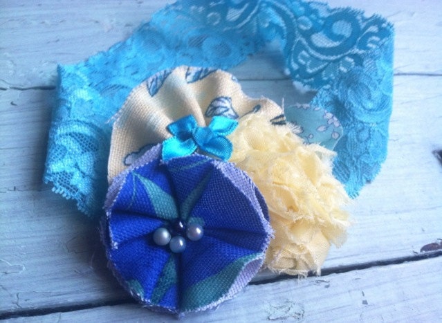 Turquoise, Teal, Yellow, Fabric Flower Headband, Fabric Flower Brooch, Women's, Girls, Baby's, Hair Accessory, Aqua