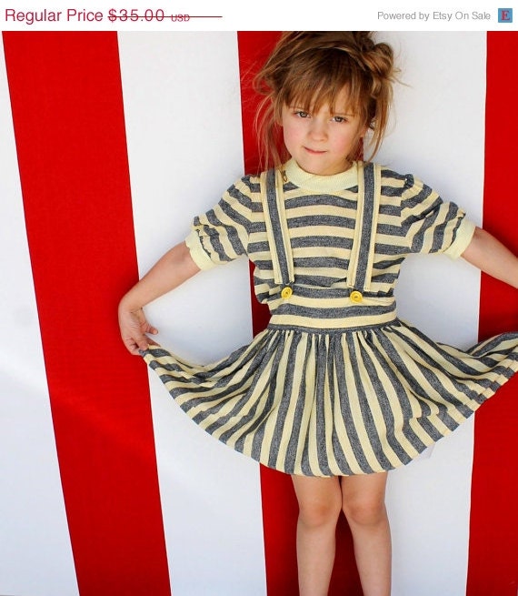 HAUTE SUMMER SALE Gray & Yellow suspender Skirt and Top Set hand made 6-8