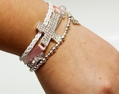 OOAK Magnetic Multi strand arm candy stackable wrap bracelet pink satin romantic rhinestones silver sideways cross butterfly valentines