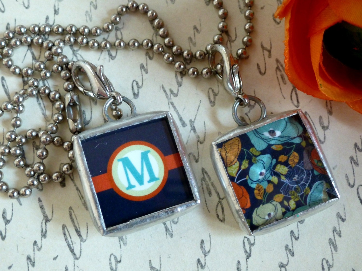 INITIAL LETTER M, SILVER, Soldered Pendant (xs), and Bead Chain Necklace, Double-Sided, Both Sides Shown