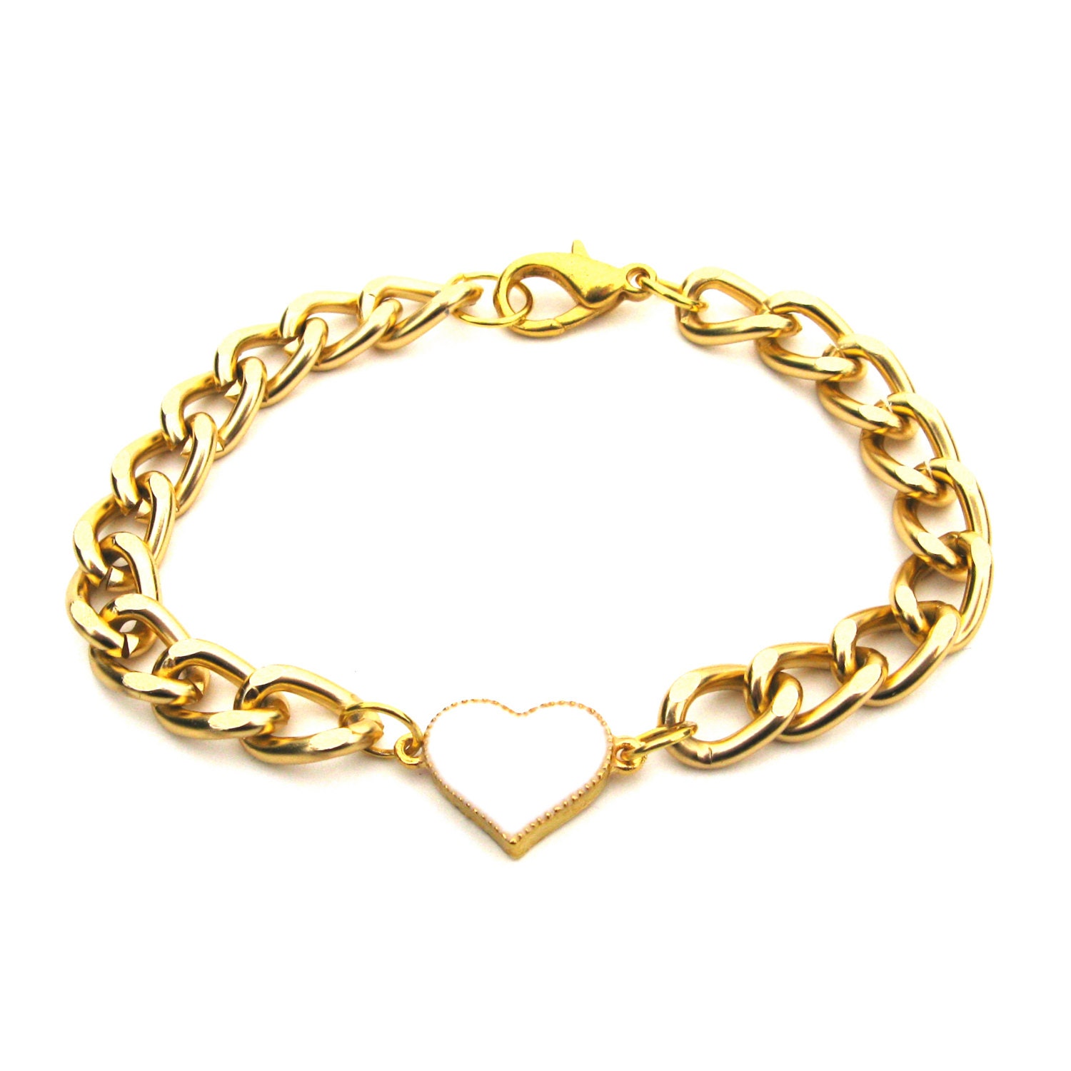 Emily Arm Candy Small Chunky Smooth Gold Chain White Heart Charm Bracelet Arm Candy