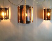 Mid Century Swag Lamp Trio -Marconi Bulb in Smoked Lucite & Wood Hanging Lights on Brass Chain -Industrial Lounge Lighting