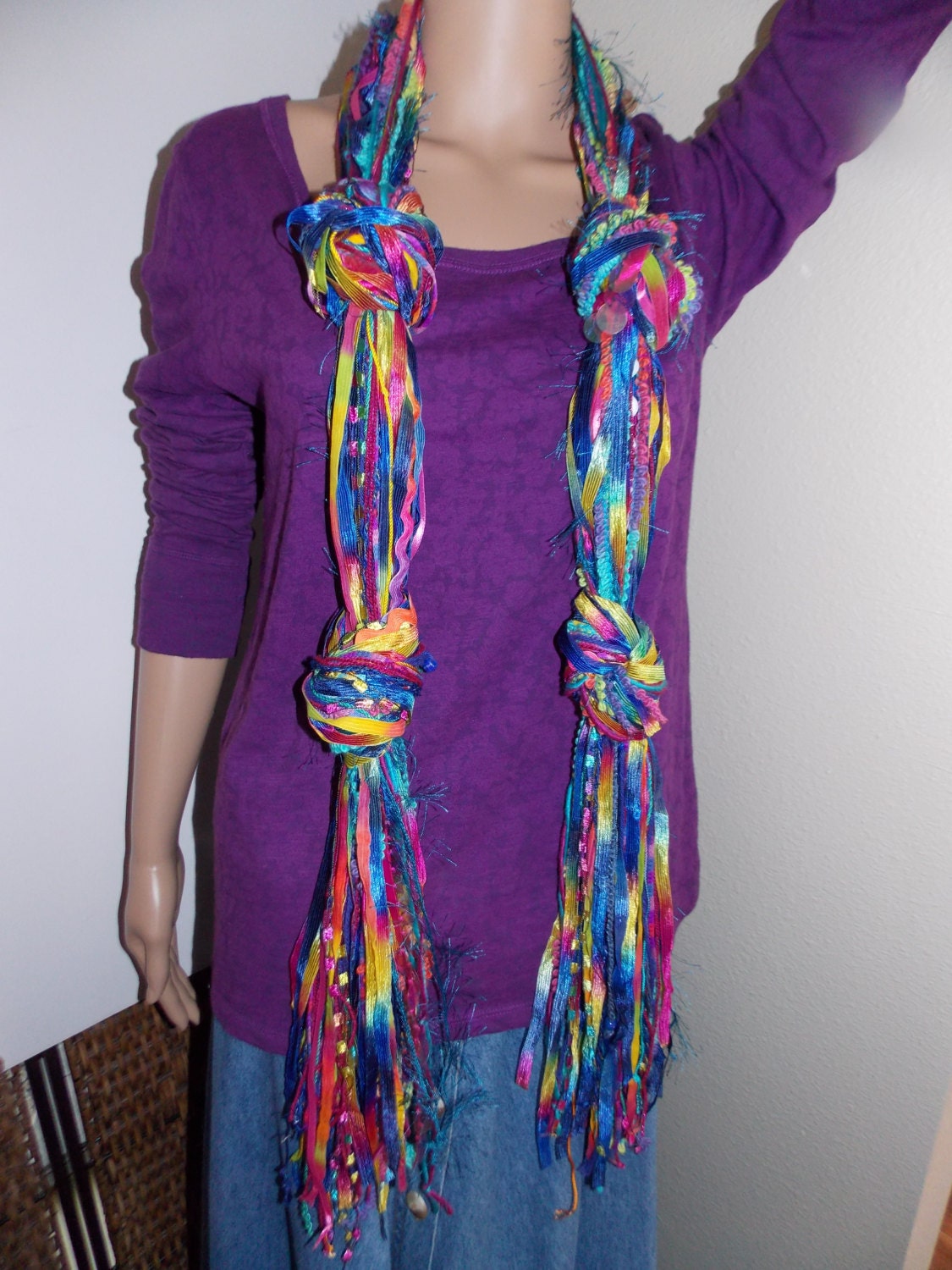 238  NEW For Spring.  Original BEADED Womens  Fiber Art Scarf  Bright Colors