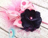 Navy Blue Pink Flower Baby Bows Headbands,Infant Girls Feather Hair Clips, Newborn Photo Prop
