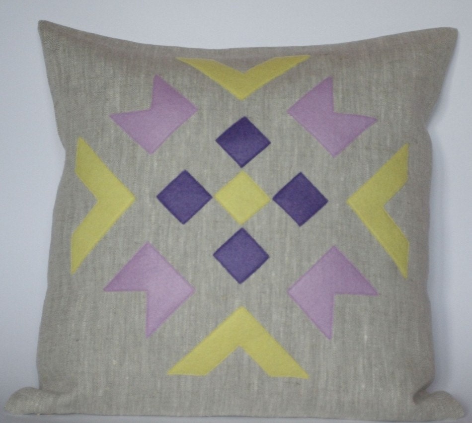 Pillow cover yellow violet linen felt. Handmade decorative pillow throw zipper contemporary ethnic geometric 40x40 cm 16"x16"