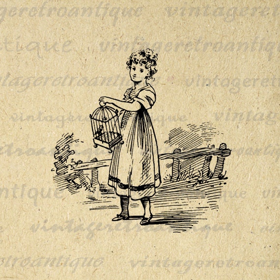 Antique Girl with Birdcage Digital Image Download Collage Sheet Woman Bird No.3614