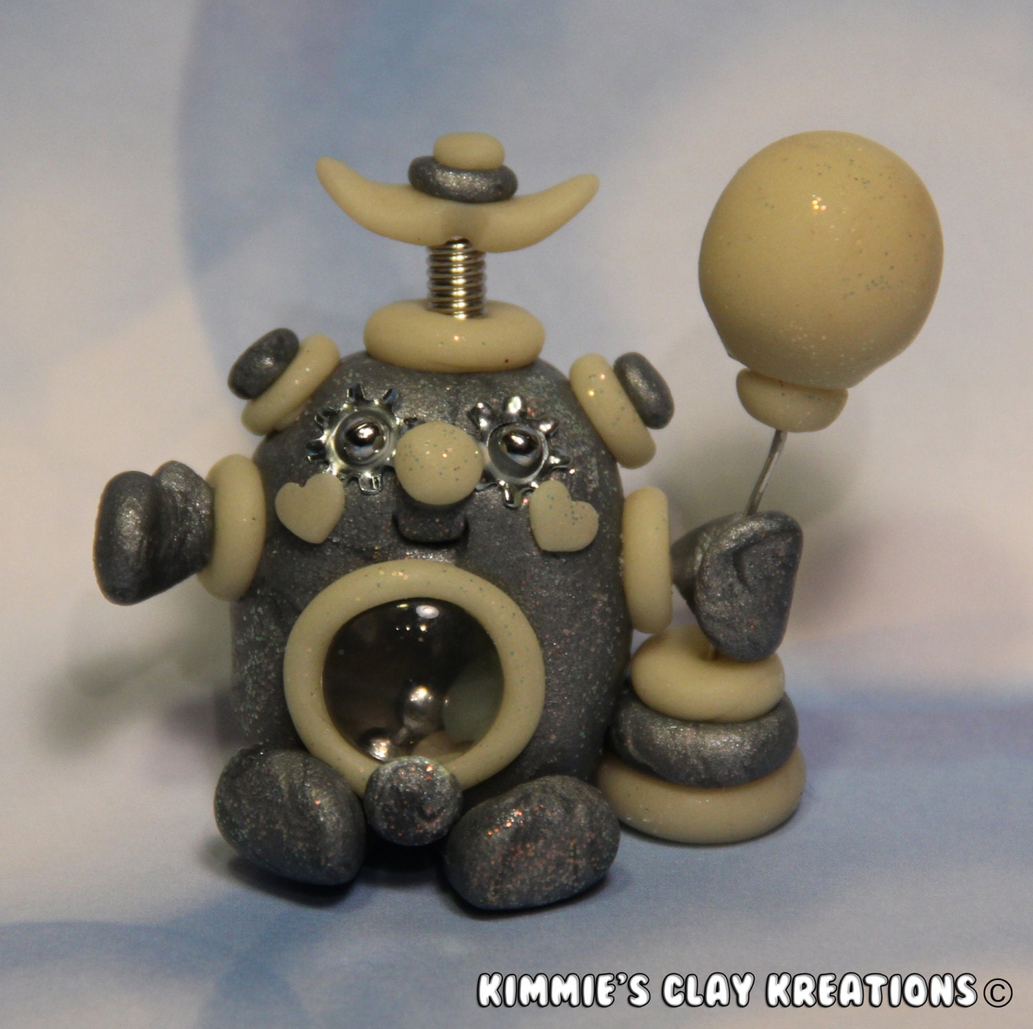 Polymer Clay Robot Glow In The Dark Happy Birthday Figurine - Miniature Whimsical Character Sculpture - BubbleBellyBotBaby