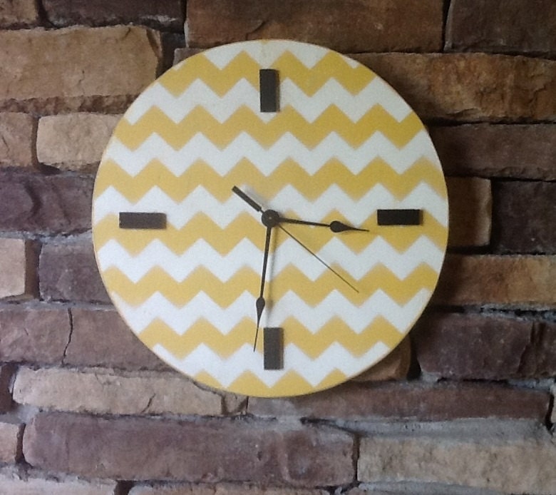 Wood Wall Clock With Yellow and white Chevron Pattern