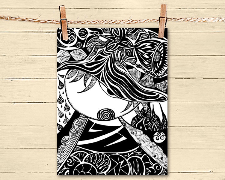 Poster Print 8x10 - Black and White Mysterious Boy - of Fine Art Illustration for Your Wall Decor