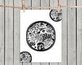 Poster Print 8x10 - White Tribal Inverted 3 Circles - of Fine Art Illustration for Your Wall Decor