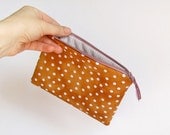 Brown Zipper Pouch, Lavender Polka Dot Cosmetic Bag, Terracotta Wallet, Burnt Orange Make Up Bag, Bridesmaid Gift