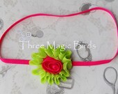 Lime GREEN and HOT PINK Chiffon Rose Headband, Shabby Chic Roses Headband, Baby-Toddler Headband, Photography Prop
