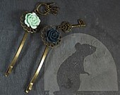 Set of Two Antique Brass Bobby Pins Mint Dark Gray Rose Resin Cabochons Key Charms Wedding Bridesmaids Birthday Gift Hair Accessory