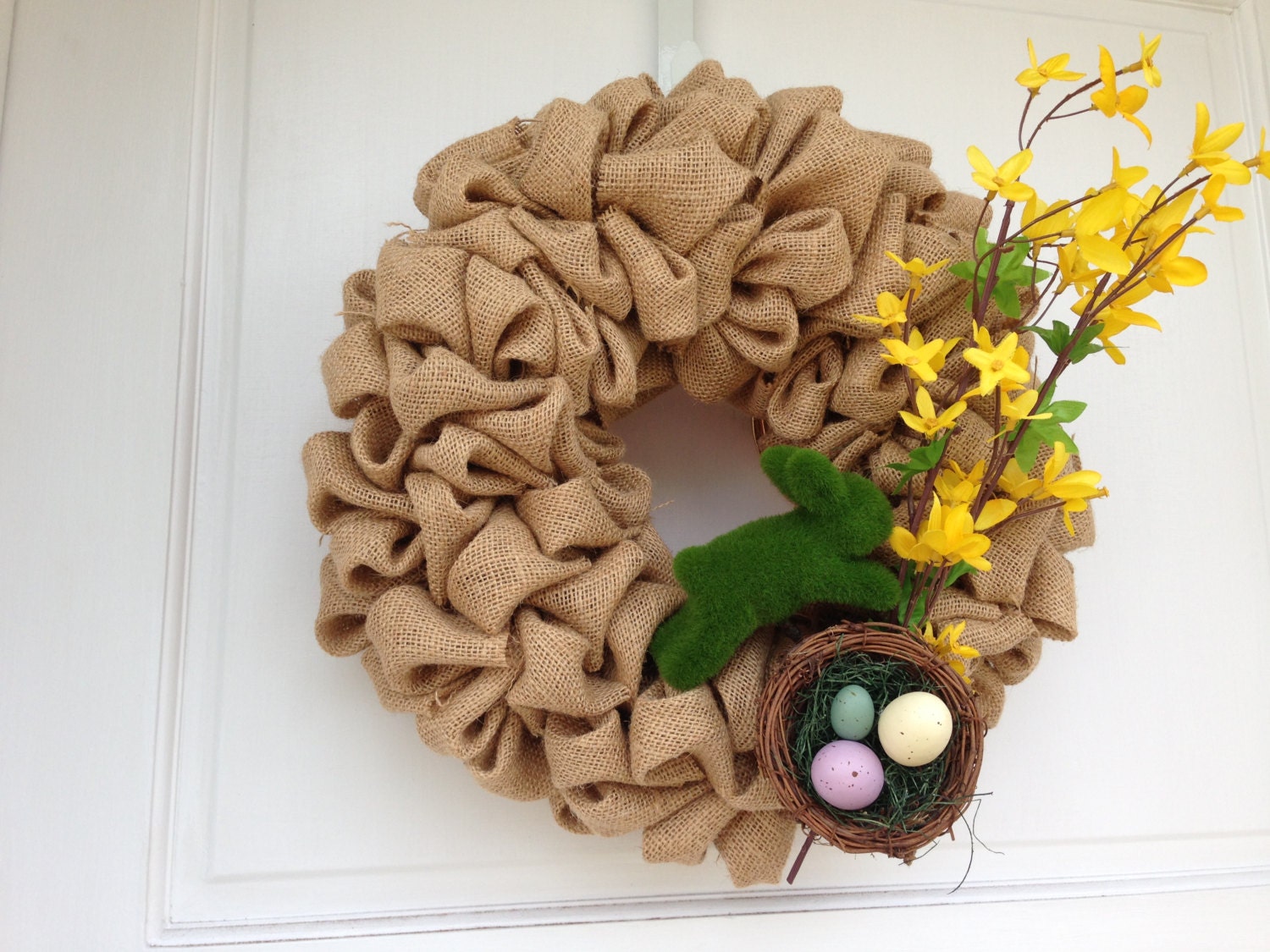 14" Light Brown Spring Burlap Wreath with forsythia and bunny with eggs
