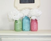 3- Hand Painted Mason Jars Flower Vases-Country Decor-Cottage Chic-Shabby Chic-French Chic