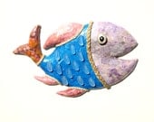 Wall hanging hand made decorative  blue smiling fish with hemp twine decoration and glass beads