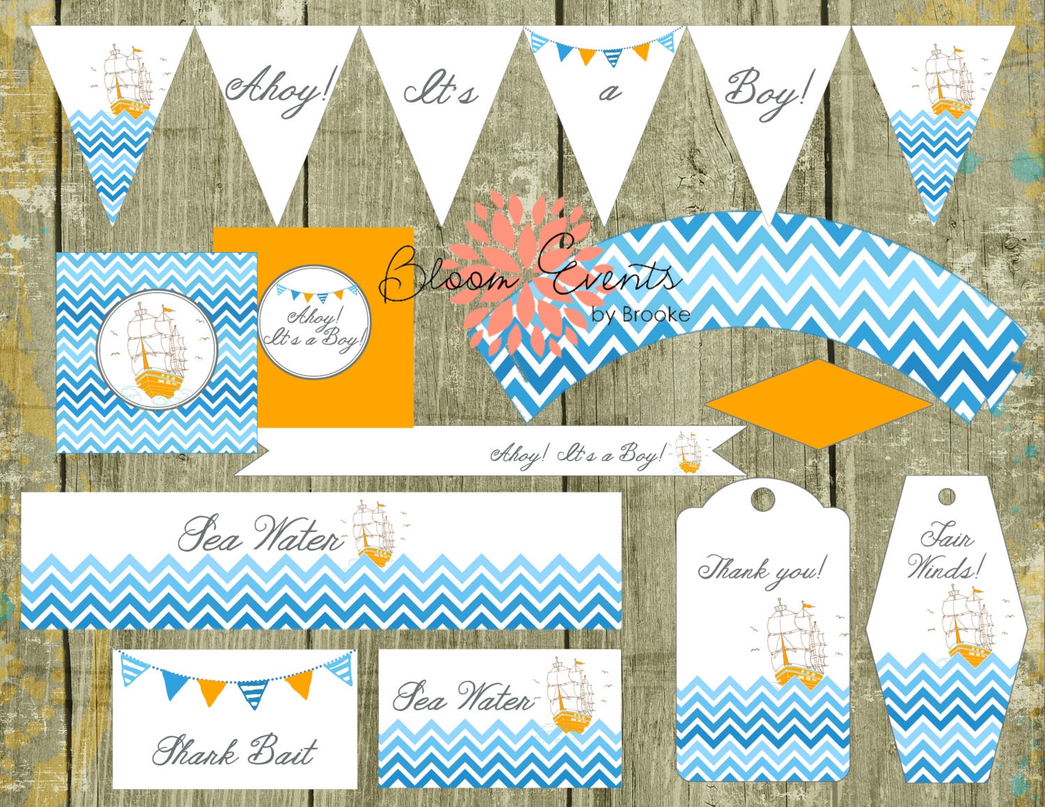 Ahoy it's a Boy Baby Shower Party Printable's - aqua blue yellow bunting nautical ship chevron Il_170x135