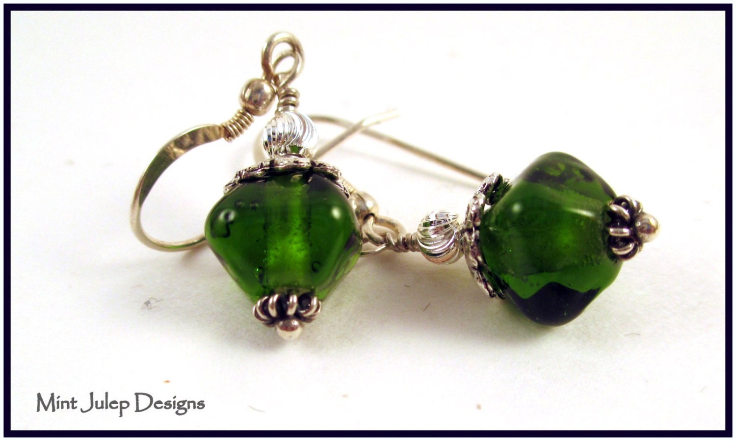 Lampwork Artisan Upcycled Wine Bottle Glass Bead Sterling Silver Dangle Emerald Green Earrings Recycled Glass LETeam