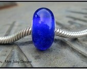 Lampwork Glass Artisan Upcycled Wine Bottle Blue Big Hole Bead BHB Fully Lined Sterling Silver Recycled Glass LETeam Recycle Party