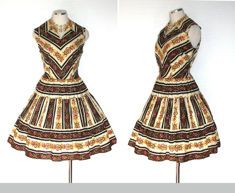 50s Party Dress by Charlotta / Vintage Circle Skirt Sundress of Cotton Striped Floral Chevron Fabric Rockabilly  Barbeque Garden Party M