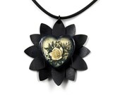 Recycled Bike Inner Tube Daisy Flower Necklace w/ Sepia Flower-filled Heart, Rubber Cord - Upcycled Bike Jewelry