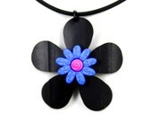 Recycled Bike Inner Tube Retro Flower Necklace w/ Blue-ish Purple & Pink Daisy Flower, Hangs on Rubber Cord - Upcycled Bike Jewelry