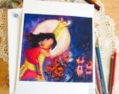 Riding into Dream land.  Storytelling illustration giclee print.  Unique art for girls, young woman and YP who like to dream