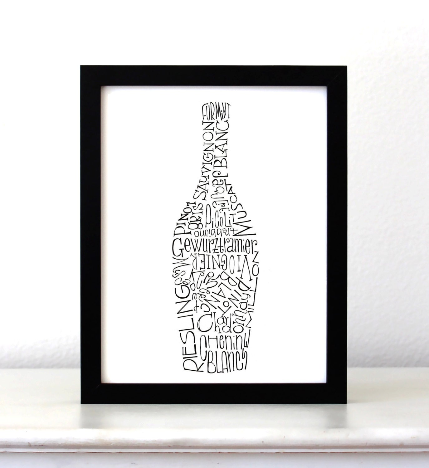 Wines list... Typographic Print Poster, Bottle illustration art print, kitchen art, wall decor, gift for wine lovers