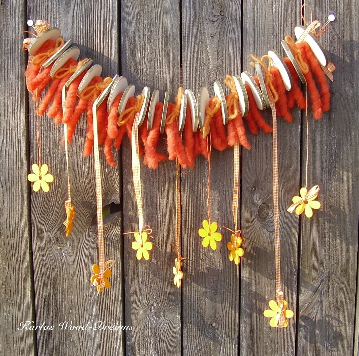 Garland "Brighten up" orange, wood, nature, eco friendly, organic, OOAK, felt, flower, recycled, size 22.8 x 14.1 inch