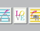 Set of Three Prints for Kids Room, Nursery, Home Decor - 8x10 - LOVE, Elephant, Giraffes- Aqua, Hot Pink, Yellow, Grey OR Choose Colors