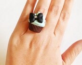 Tiffany Blue, Cupcake Cocktail Ring, Tiffany Blue cupcake topped with Black Bow, Adjustable Ring,Party, Teen Girls, polymer clay