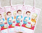 Retro Boy and Girl Birthday Gift Tags- 12 Party Tags- Nostalgic/ Vintage Style