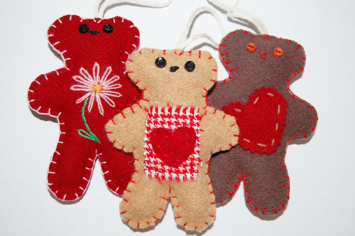 Scented Wool Teddy Bear Ornaments SET OF 3 Christmas Tree Upcycled Vintage Blanket Felt - Red Brown Beige - 5"