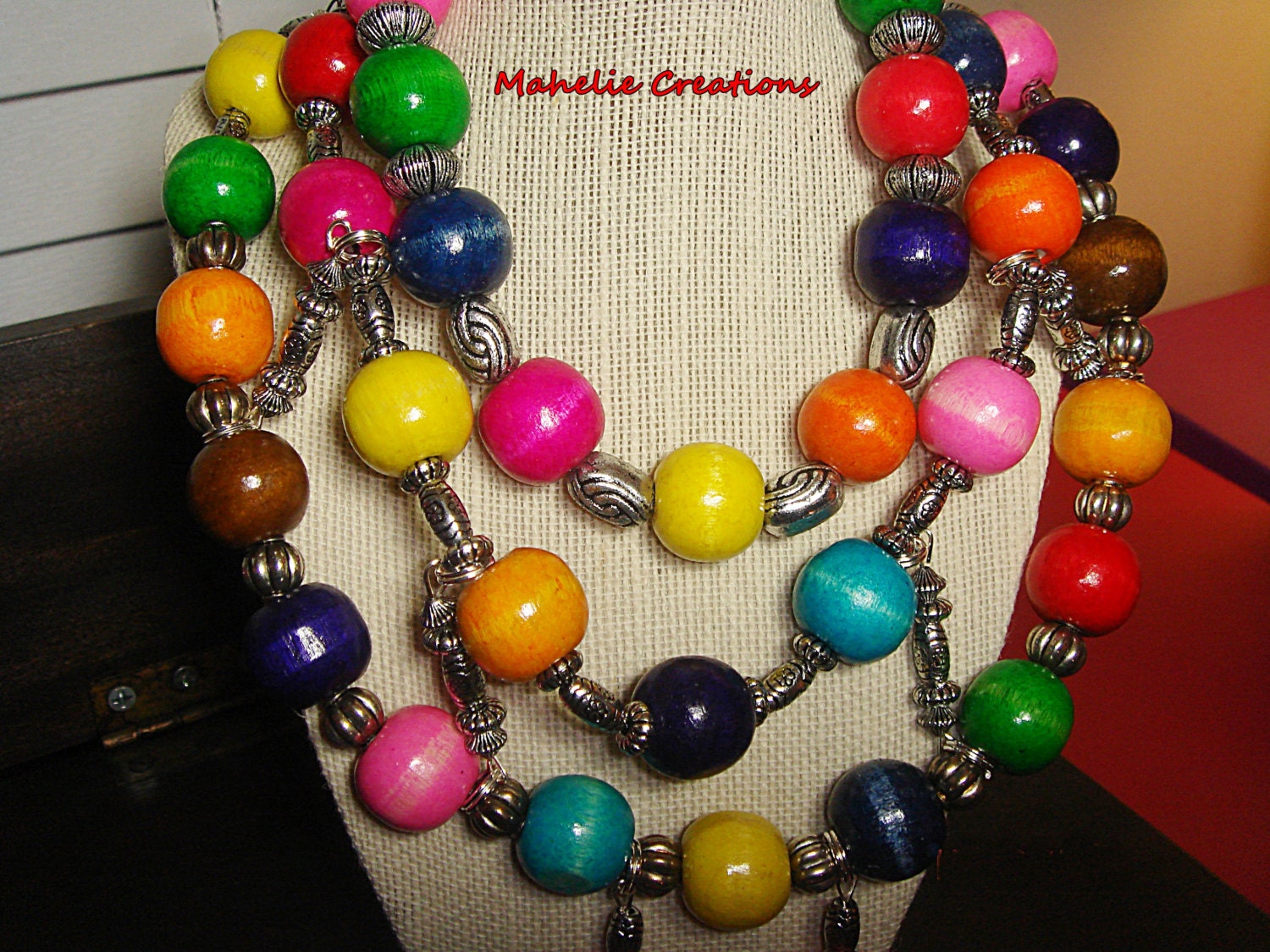 Multicolor wood, chunky big bold colorful necklace, bright colors multistrand statement necklace, earthy fun jewelry, ethnic tribal necklace