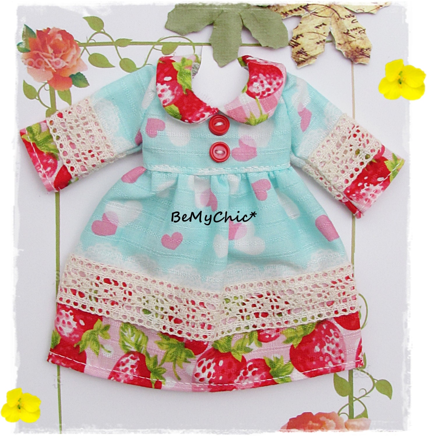 Blythe Pullip Dal Doll Dress Clothe Outfit  - Japanese Cotton Fabric Strawberry Lace Decorated
