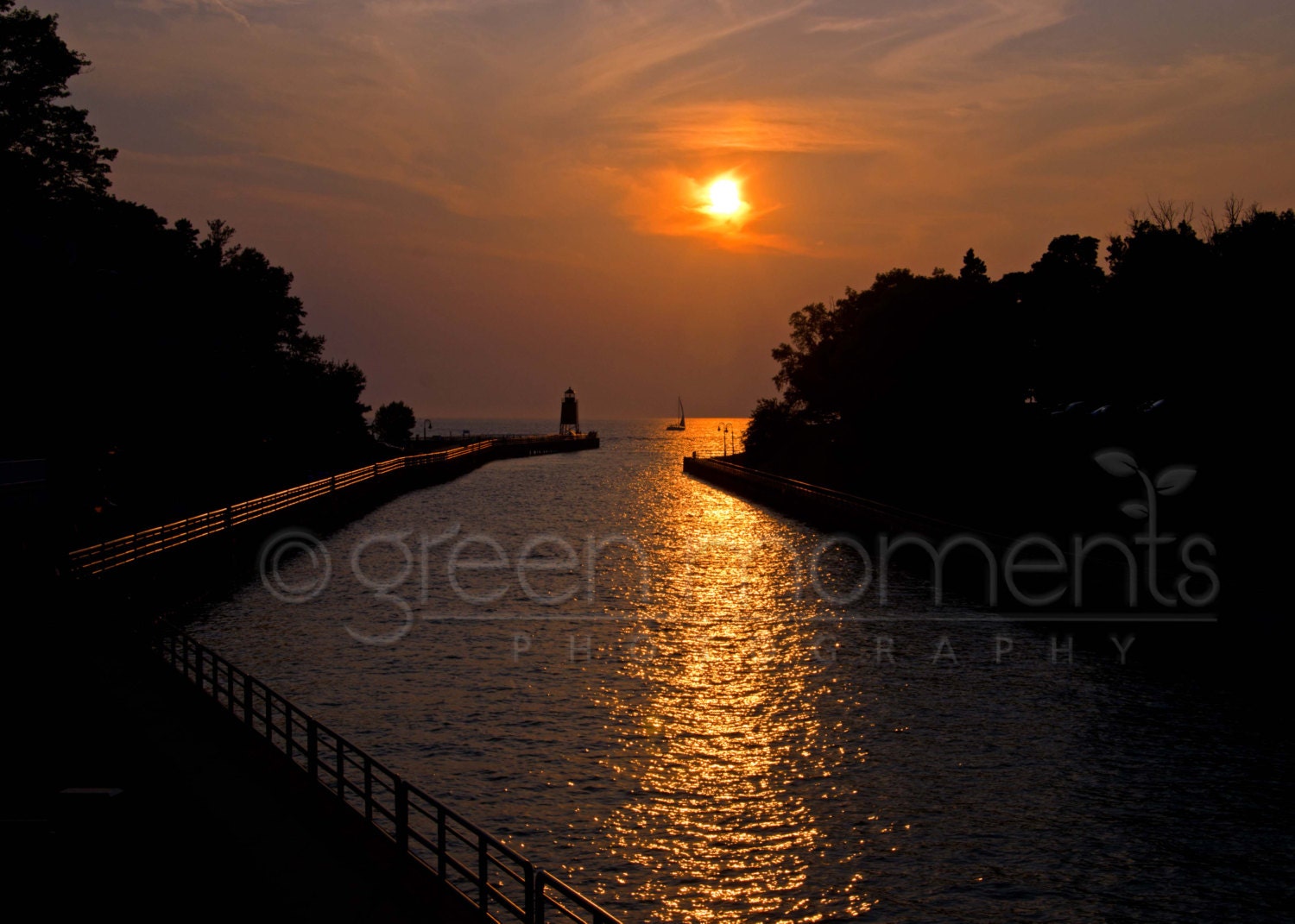 Golden sunset photograph of Charlevoix lighthouse channel (5" x 7")