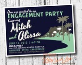 PRINTABLE Engagement Party Bridal INVITATION Wedding Bachelorette Coastal Hawaiian Retro invite 5 x 7 Hawaiian Beachy vintage blue diy