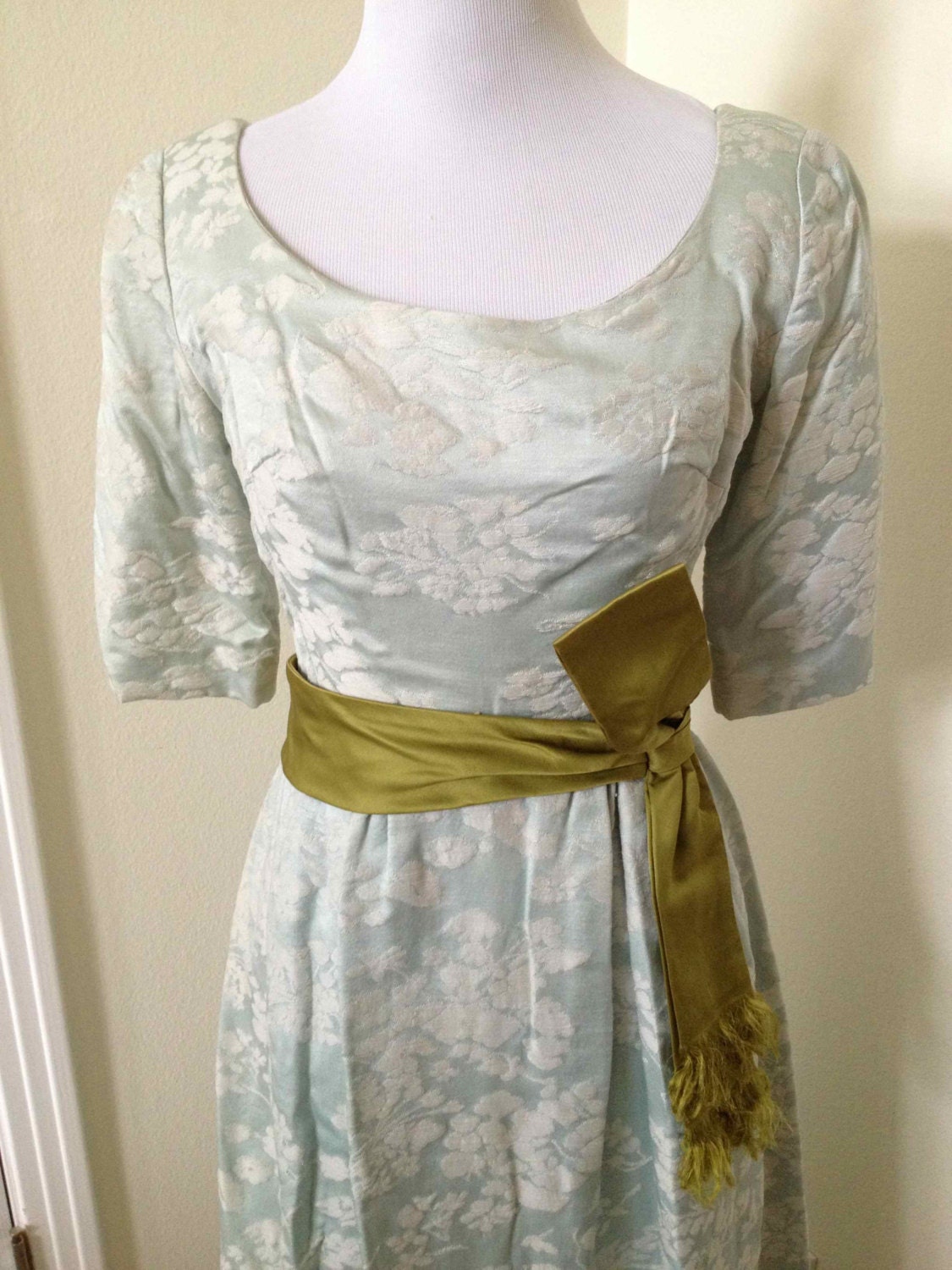 25% sale: Neiman Marcus 1950s Ice Blue Brocade Gown with sash