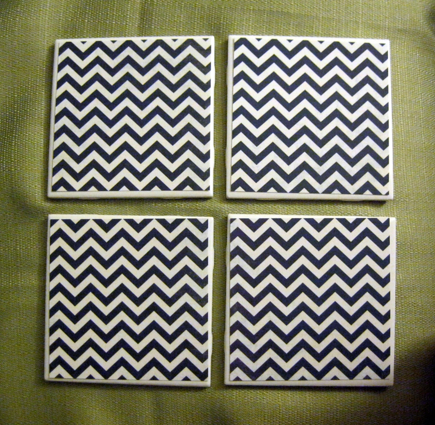 Set of 4 Coasters - Chevron - Black and White - Ceramic