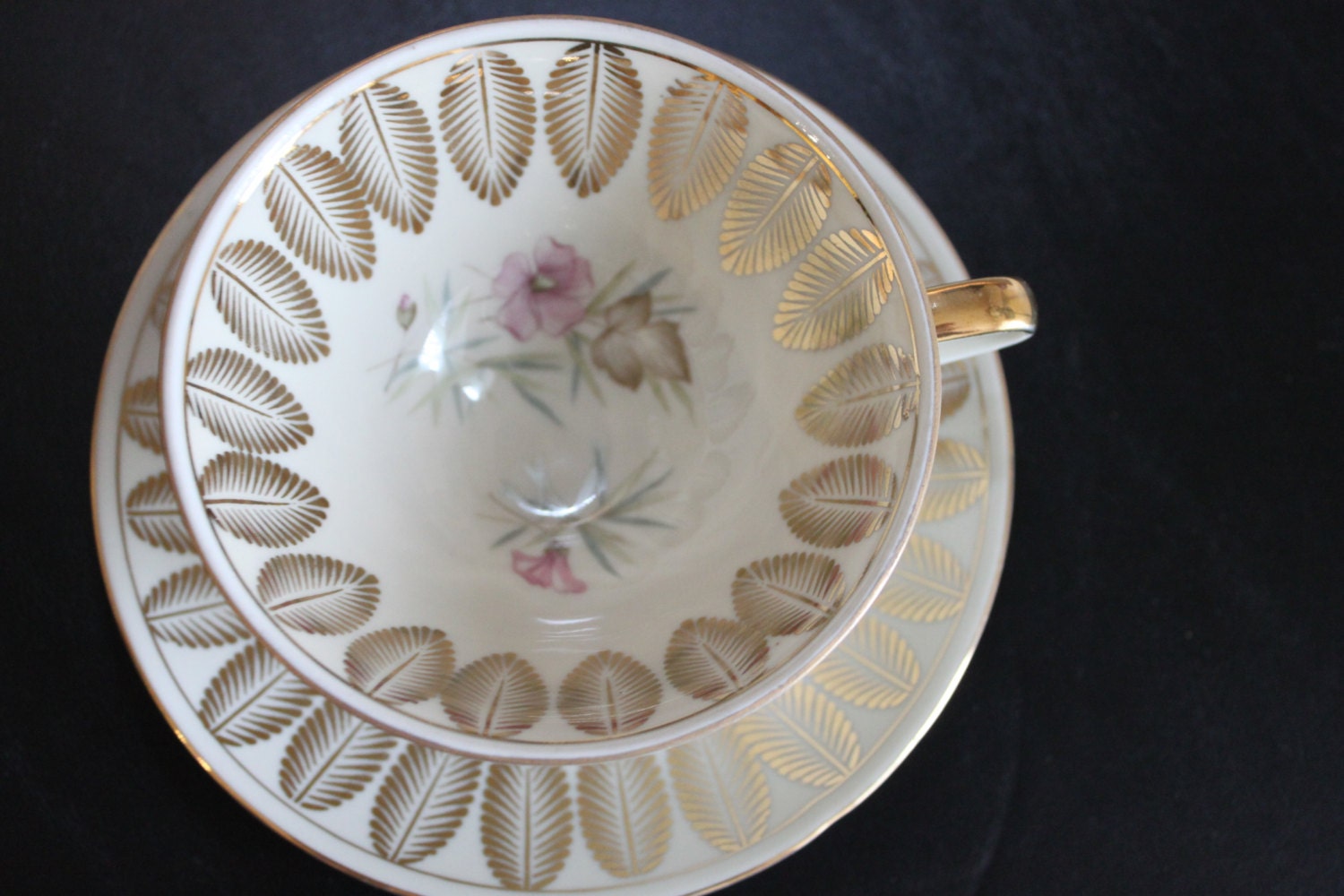 Vintage Gold Gilt Bareuther Bavaria Tea Cup Duo Floral Palm Leaf Design Shabby Cottage Chic