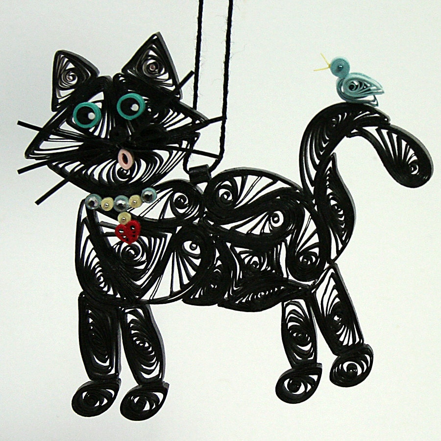 Quilled / Filigree Kitty Cat Hanging Ornament: Black-on-Black, Turquoise Colored Eyes, Rhinestone Collar and a Tiny Blue Bird on Tail