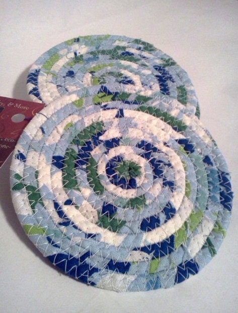 Coasters, Housewares, Coiled Fabric Pottery, Blue, Green, White Ocean Inspired, Wrapped Clothesline, Set of 4, Eco-friendly, Beach House