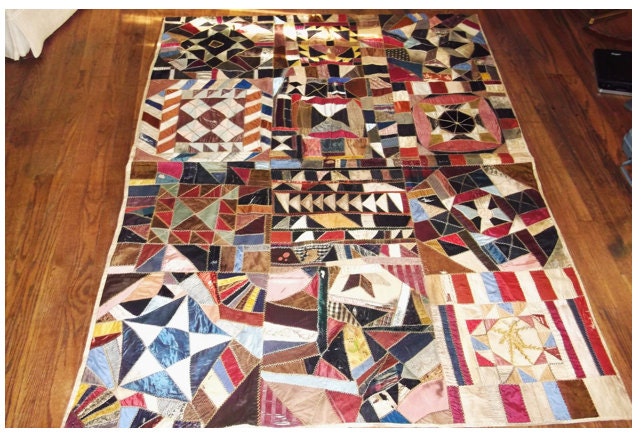 Reduced 395 to 325  HANDMADE CRAZY QUILT from the late 1800's, 19th Century. Antique, Vintage